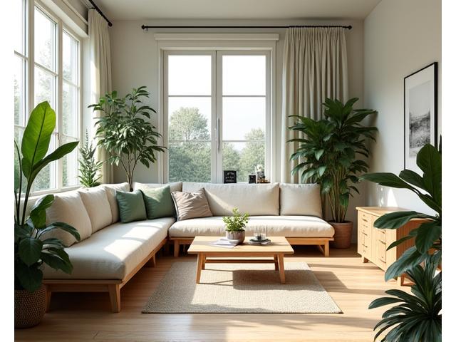 Interiørdesign med naturlige materialer og grønne planter, som symboliserer en bærekraftig fremtid