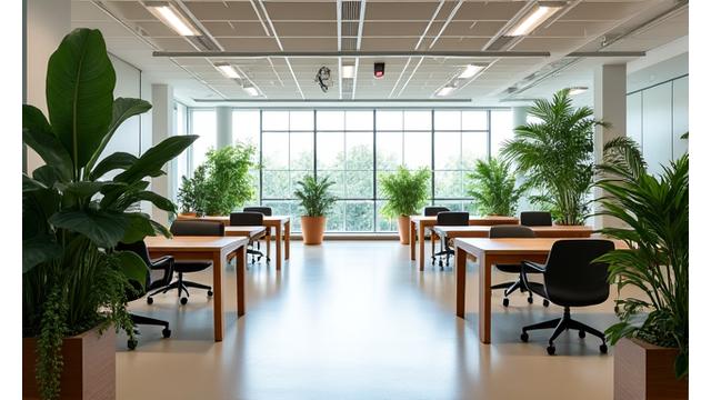 Moderne, lyst og karbonnøytralt kontorlandskap med grønne planter og møbler laget av resirkulerte materialer