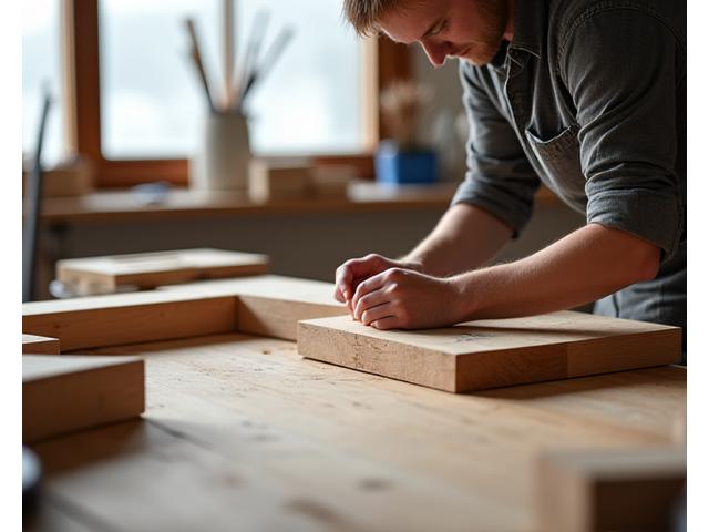 Detaljert bilde av en nevenyttig håndverker i arbeid på Øyland Interiørs verksted i Bodø, med synlige treverktøy og naturlig lys