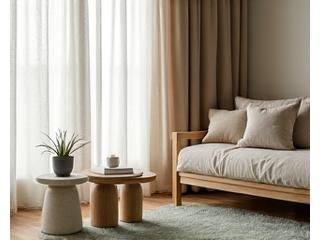 Stilrent interiør med gardiner og møbler i naturlige tekstiler som lin og ull i nøytrale farger