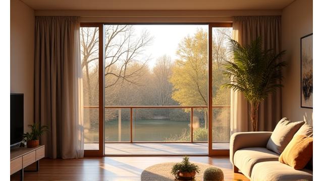 Innbydende stue i et passivhus med naturlig lys, isolerende gardiner og møbler av bærekraftig tre