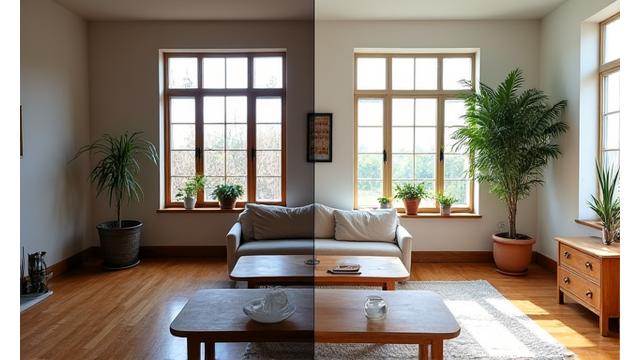 Før og etter bilde av en renovert stue hvor 90% av materialene er gjenbrukt eller oppgradert, med et friskt moderne preg