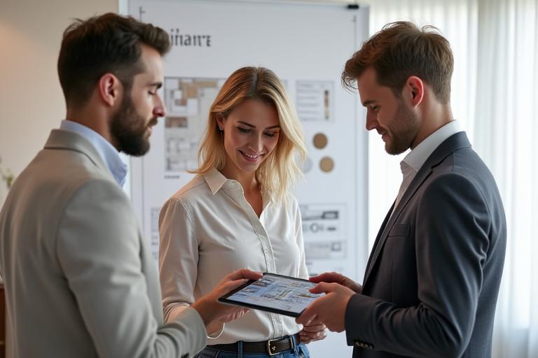 Lysdesigner presenterer en belysningsplan på en tablet til fornøyde kunder i et lyst, moderne rom.