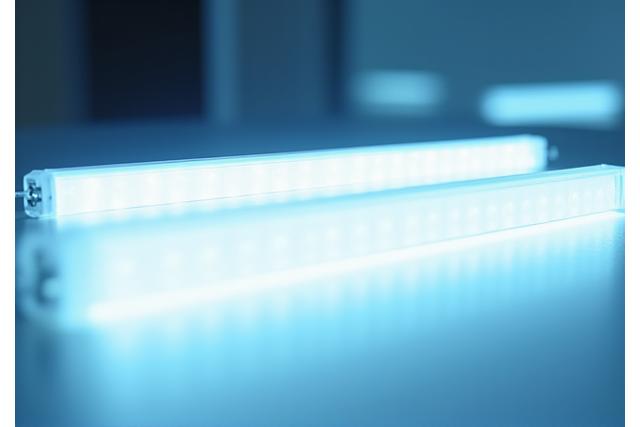 Nærbilde av moderne, energieffektive LED-strips som lyser opp et interiør, symboliserer innovasjon og bærekraft.