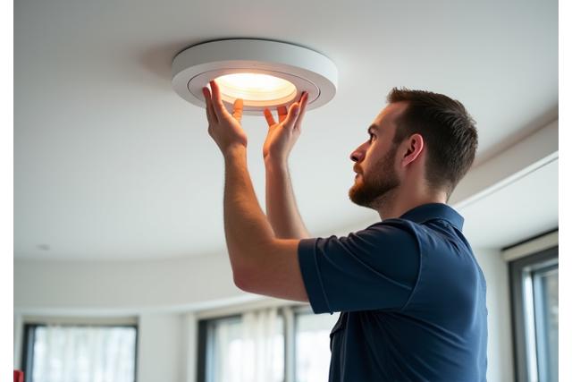 Profesjonelle installatører monterer elegant innfelt belysning i et moderne tak, som viser presisjon og håndverk.