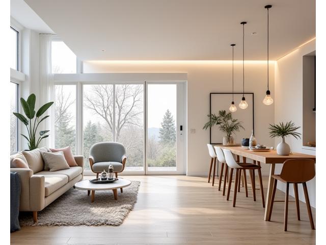 Moderne innfelt takbelysning som gir jevn og behagelig allmennbelysning i en åpen stue.