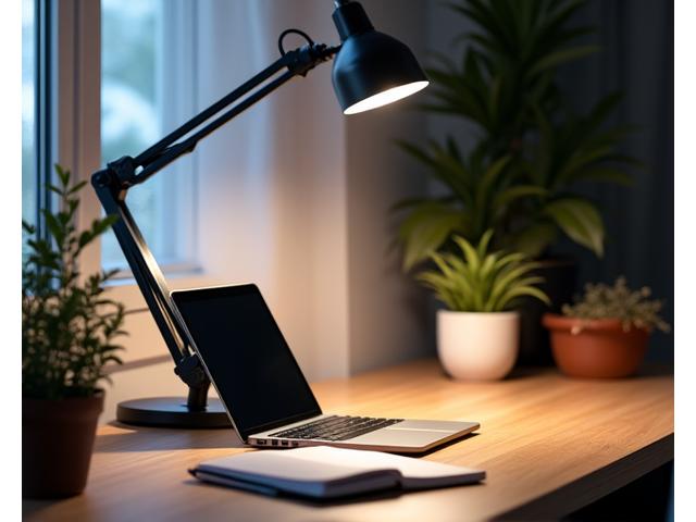 Et velopplyst hjemmekontor med fokusert skrivebordslampe og godt arbeidslys for økt produktivitet.