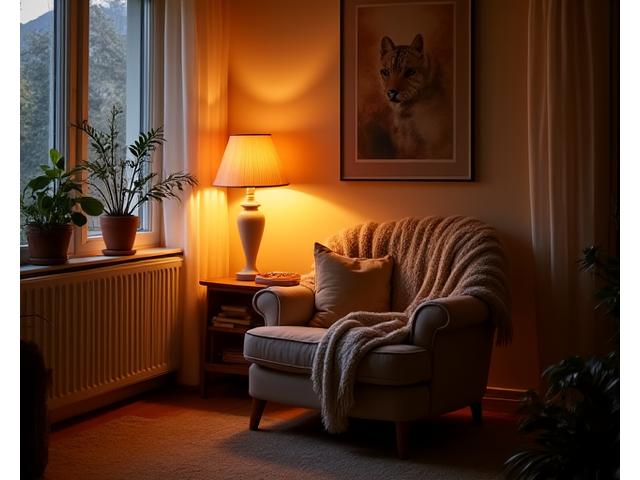 Koselig stue med indirekte, varm stemningsbelysning fra gulvlamper og belysning bak møbler som skaper en avslappet atmosfære.