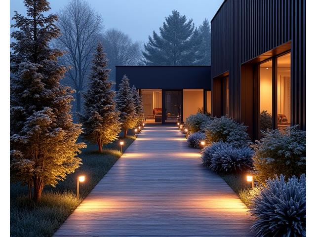 Stilig utendørsbelysning langs en hagesti, som gir både sikkerhet og estetisk verdi til nordinspirert hage om kvelden.
