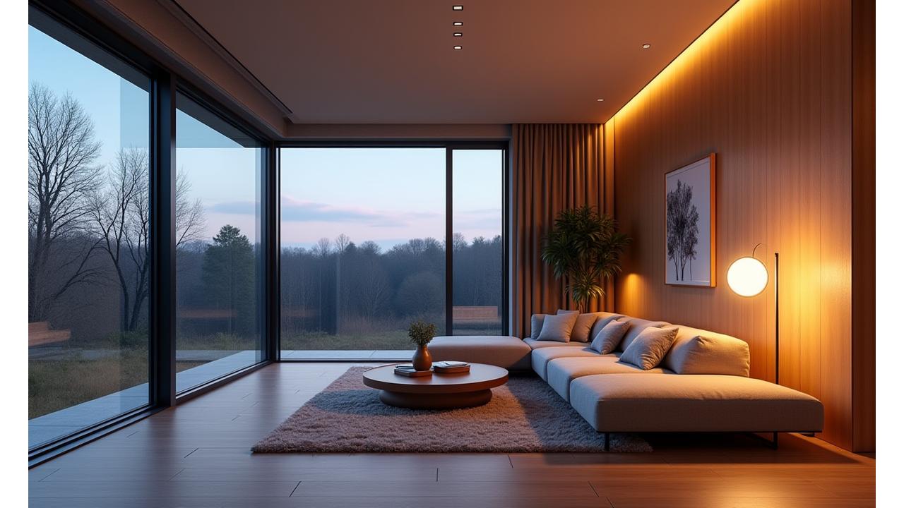 Moderne stue med varm, skreddersydd belysning som fremhever treverk og tekstiler, skaper en hyggelig atmosfære