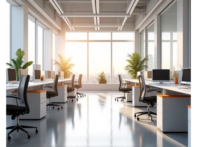 Moderne, minimalistisk kontorlandskap med sirkadiansk belysning som justerer seg gjennom dagen for optimal trivsel.