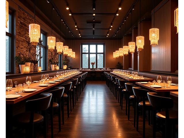 Elegant restaurantinteriør med dramatisk og funksjonell accentbelysning som skaper en sophistikert spiseopplevelse.