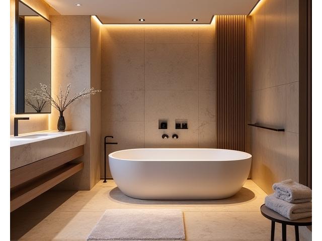 Luksuriøst hjemmespa med variert stemningsbelysning, inkludert undervannsbelysning og beroligende fargeterapi.