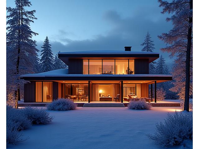 Moderne villa med utendørs lysdesign som fremhever arkitektur og vinterhage i et nordisk landskap om kvelden.