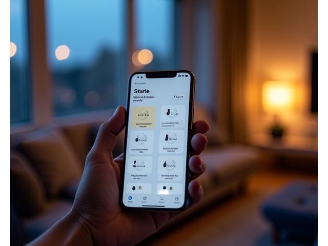 Hånd holder mobiltelefon som viser en intuitiv app for smart lysstyring i et moderne smarthjem.