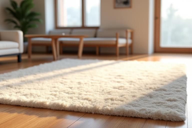 Stort, lyst håndvevet ullteppe på et tregulv i en åpen stue med nordisk design.