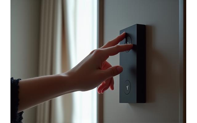 Hånd som trykker på en knapp for å styre motoriserte gardiner i et luksuriøst hjem.