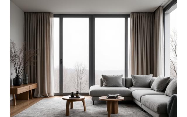 Moderne panelgardiner i gråtoner som dekker et stort vindu fra tak til gulv.