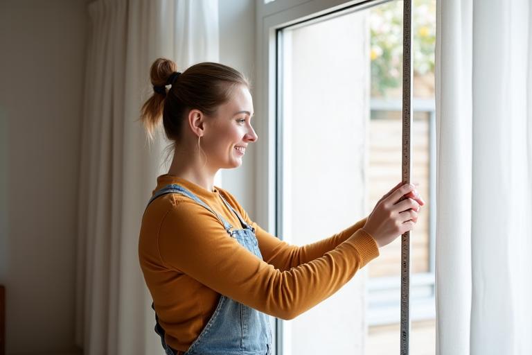 Interiørdesigner som tar mål av et vindu med profesjonelt verktøy, i et lyst, nordisk hjem.
