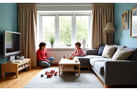 Et lyst og praktisk familievennlig stue med slitesterke tekstiler og lekne elementer.