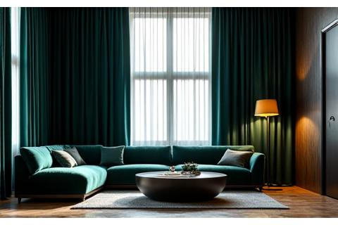 Et moderne luksuriøst interiør med tunge fløyelsgardiner og et dypt, rikt teppe.