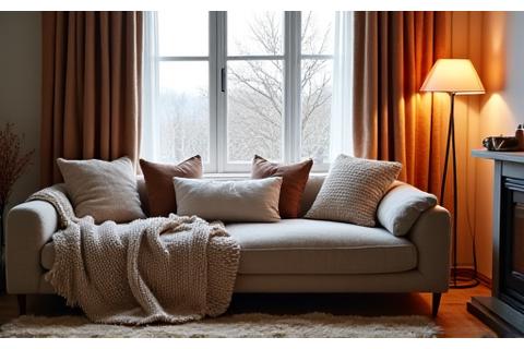 Et koselig nordisk interiør med strikkede pynteputer og et mønstret ullpledd over sofaen.