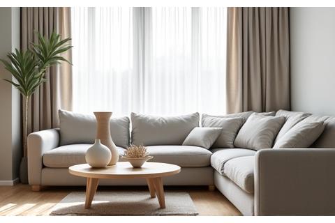 Et skandinavisk minimalistisk rom med lyse tekstiler og naturlige tremøbler.