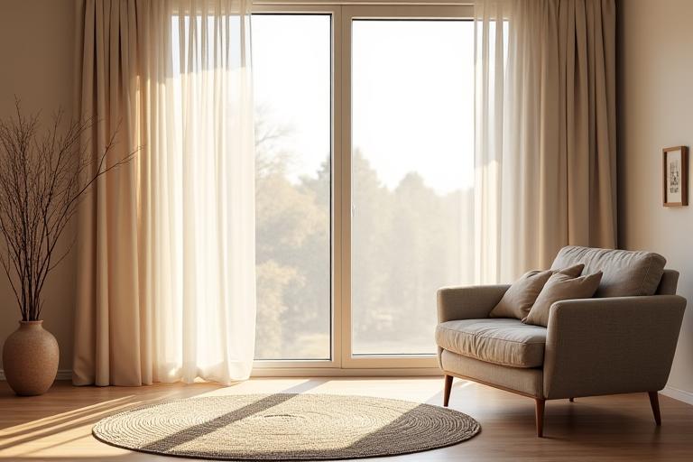 Stilrene plissegardiner i et moderne nordisk interiør, med et mykt håndvevet ullteppe på gulvet. Sollys filtreres vakkert inn.