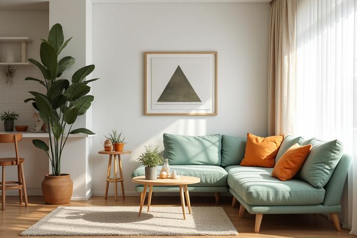 Et elegant, profesjonelt stylet stueområde klart for fotografering, med nordisk design og lyse farger.