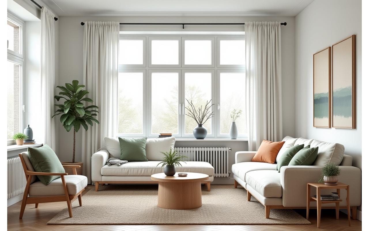 Et elegant, profesjonelt stylet stueområde klart for fotografering, med nordisk design og lyse farger.