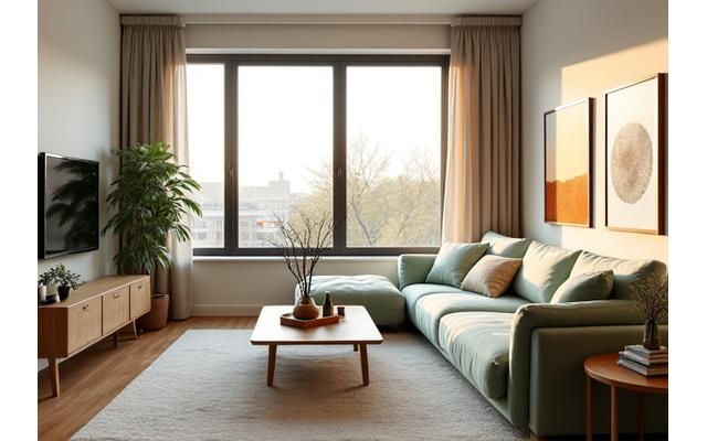 Før- og etterbilde av en stue i en leilighet på Mørkved, transformert med staging.