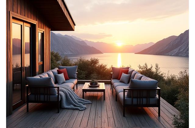 Etter bilde av en koselig, robust hytteinteriør i Lofoten med sjøutsikt