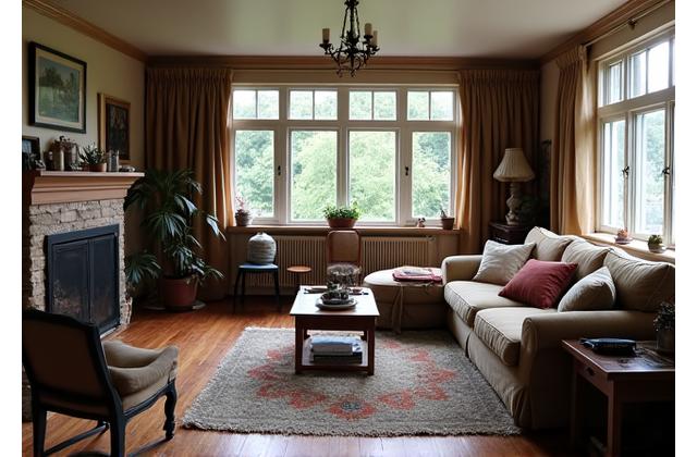 Før bilde av en eldre, uklar stue i Villa Bodø