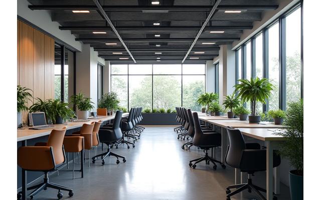 Moderne, åpent kontorlandskap med ergonomiske møbler, planter og naturlig lys.