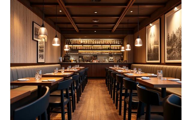 Koselig og moderne restaurantinteriør med dempet belysning, komfortable sitteplasser og nordisk designelementer.