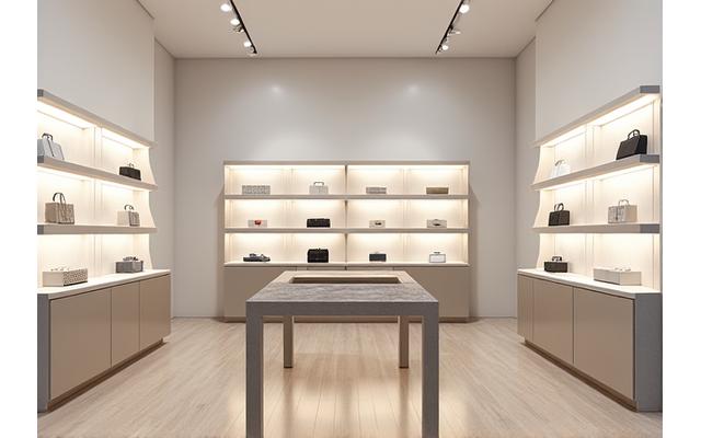 Stilren klesbutikk med minimalistisk innredning, fokus på produktpresentasjon og behagelig belysning.