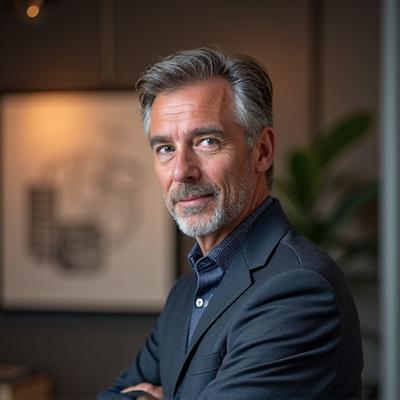 Portrett av Svein Olsen, en kreativ interiørdesigner med et kunstnerisk uttrykk.