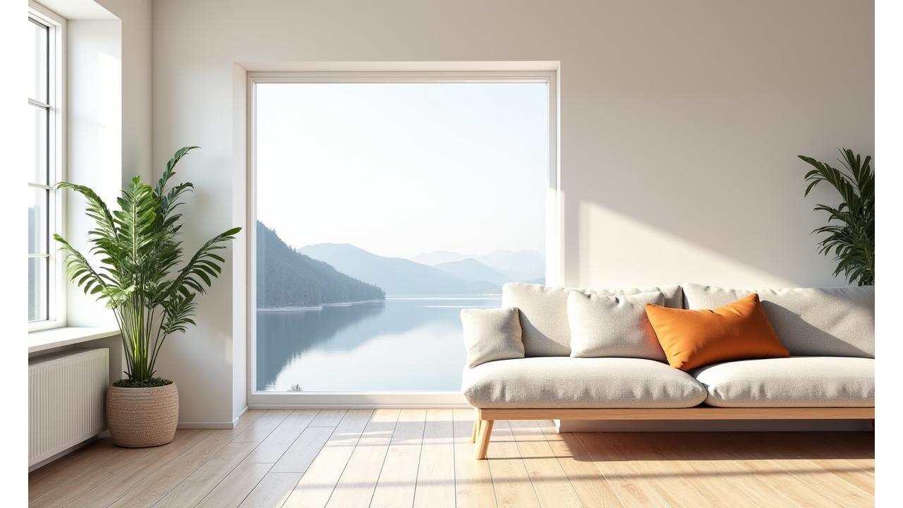 Moderne, minimalistisk stue med stort vindu, lyse farger og en aksentfargepute, eksemplifiserer Øyland Interiørs designfilosofi.