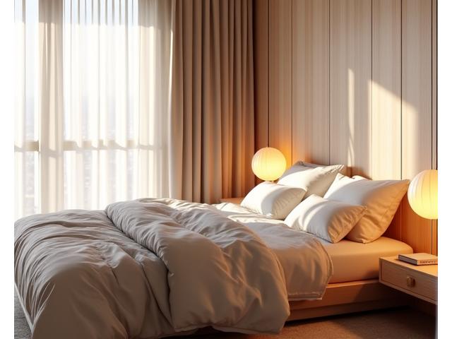 Varmt og innbydende soverom med behagelige tekstiler, trepanel og naturlig belysning, som skaper en rolig atmosfære.