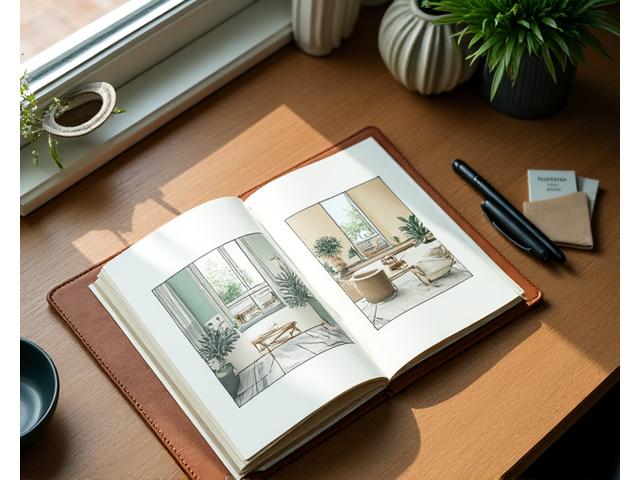 Blyant, notisbok og interiørtegninger på et bord, symboliserer konsultasjon og planlegging.