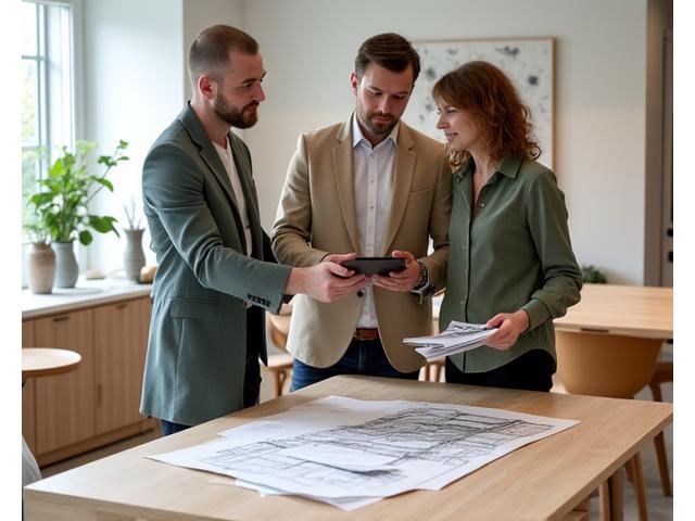 To interiørdesignere i dialog med en kunde, viser skisse og stoffprøver i et lyst rom.