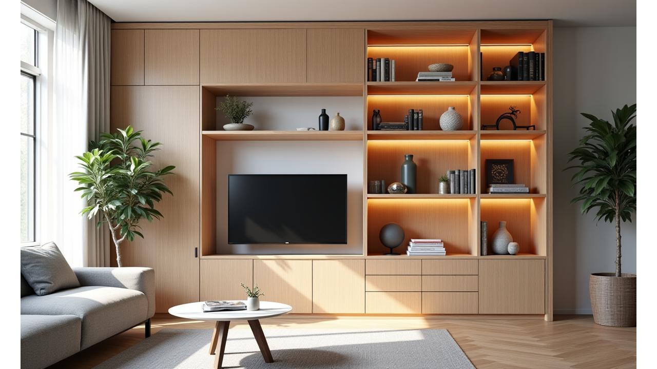 Elegant skreddersydd hylle i nordisk stil med subtil belysning, tilpasset et moderne stue.