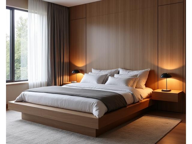 Minimalistisk seng med integrerte nattbord og hodegjerde i mørkt tre, i et rolig og innbydende soverom.