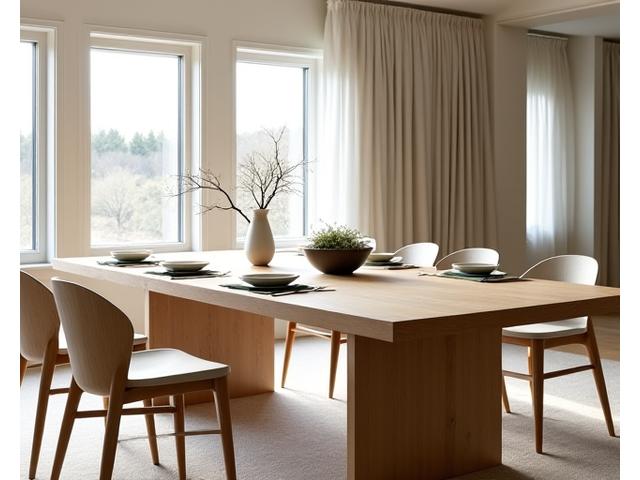 Elegant spisebord i lys eik med matchende stoler, i et nordisk-inspirert spiseområde med naturlig lys.