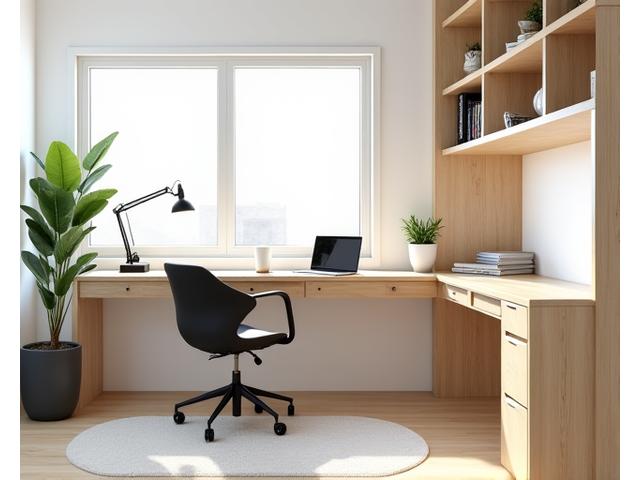 Moderne hjemmekontor med skreddersydd skrivebord i lys bjørketre og ergonomisk stol, lyst og produktivt miljø.