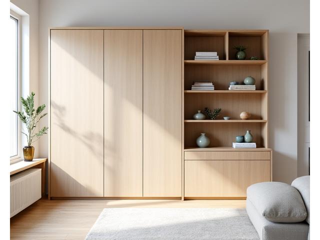 Moderne, skreddersydd bokhylle i minimalistisk design med integrert skrivebord, i en lys stue.