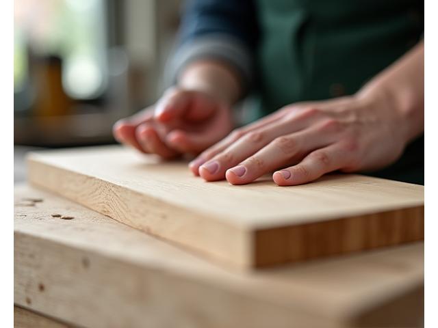 Nærbilde av en hånd som berører bærekraftig, FSC-sertifisert eiketre med naturlig korn, i et lyst verkstedmiljø.
