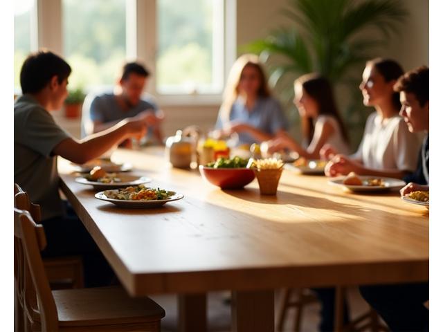 Stort, rektangulært spisebord i massiv bjørk med uregelmessig kant, fylt med en familie under middag.
