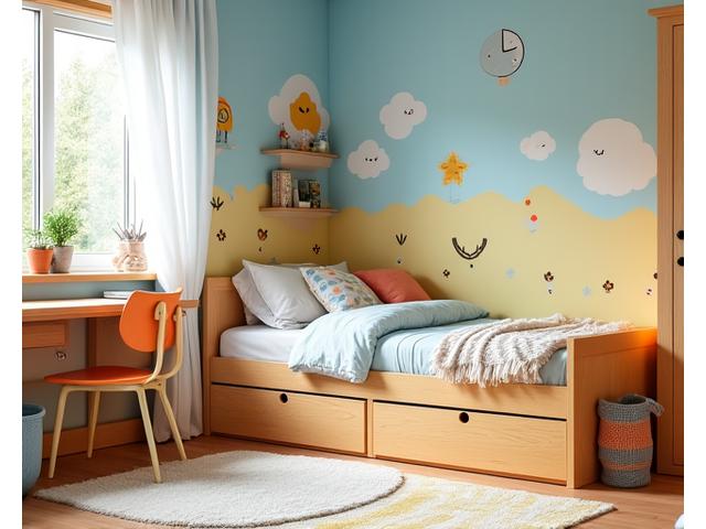 Barneseng med innebygde skuffer og en liten skrivepult i lys furu, dekorert med lekne motiver i et barnerom.