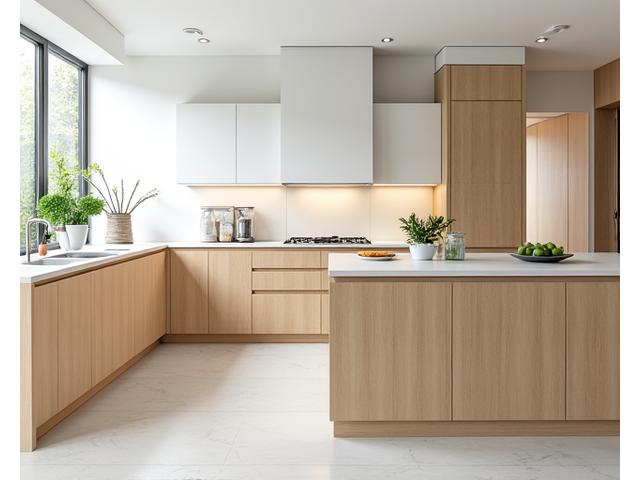 Stor kjøkkenøy i lys kvistfri eik, med integrert vask og spiseplass, i et lyst og moderne kjøkken.